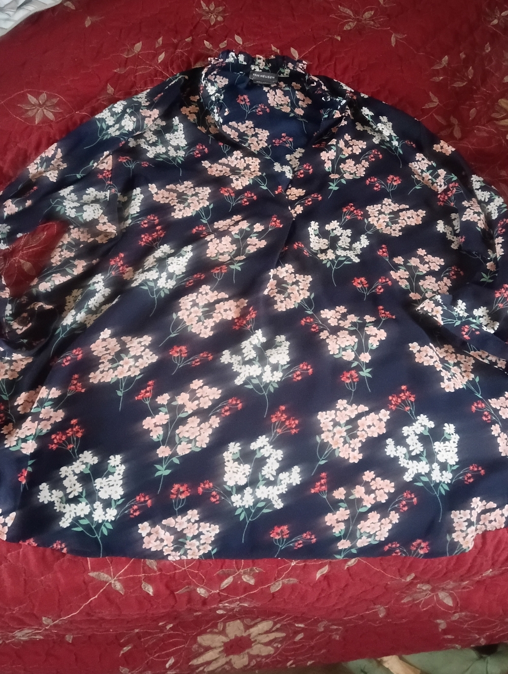 Navy Floral Blouse with Pink & White Blooms